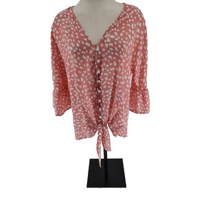 Kancystore Woman Pink Blouse Size XL Button up front Tie Bottom Ruffle at Sleeve